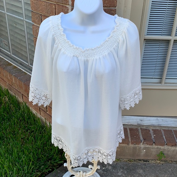 Koton Tops - White Lace trim 3/4 sleeve top, EUC
